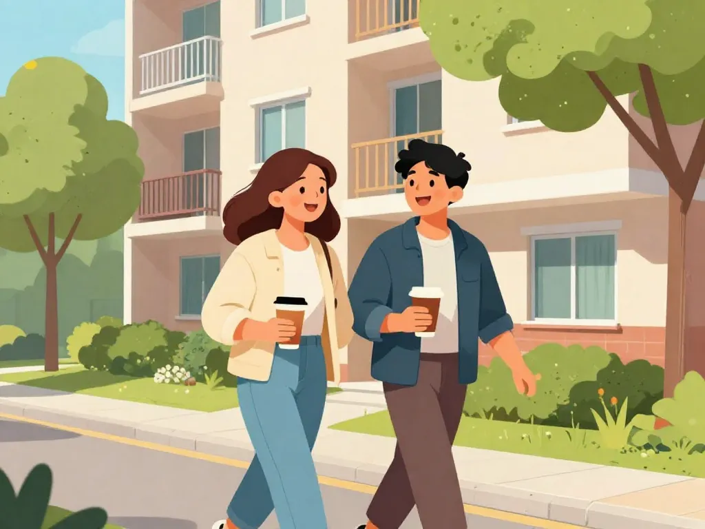 Two friends enjoying quality time together outside their apartment, walking and laughing with coffee
