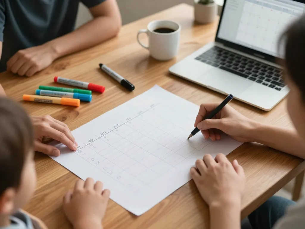Two adults collaborating on a handwritten weekly chore chart at a kitchen table