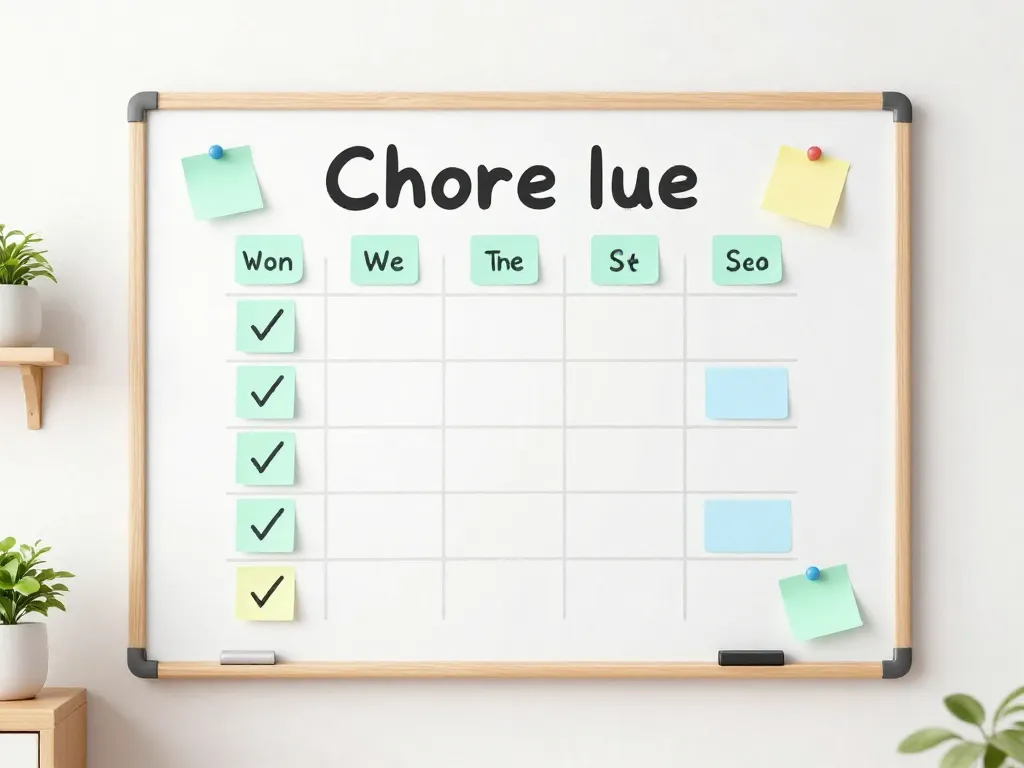 Illustration of a flexible family chore chart on a kitchen whiteboard with swap indicators