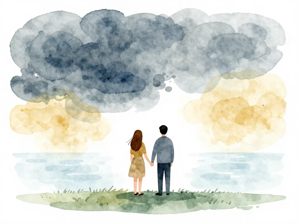 Illustration of a couple standing united together as external conflict swirls around them, symbolizing strength in partnership