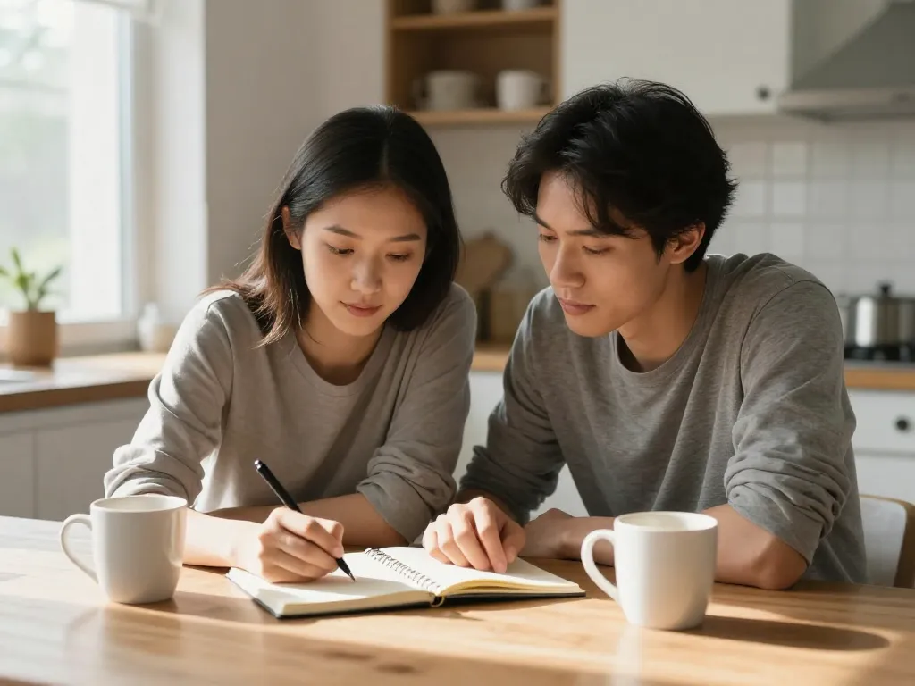 A couple sitting at a kitchen table writing down agreements together in a notebook during a calm morning conversation