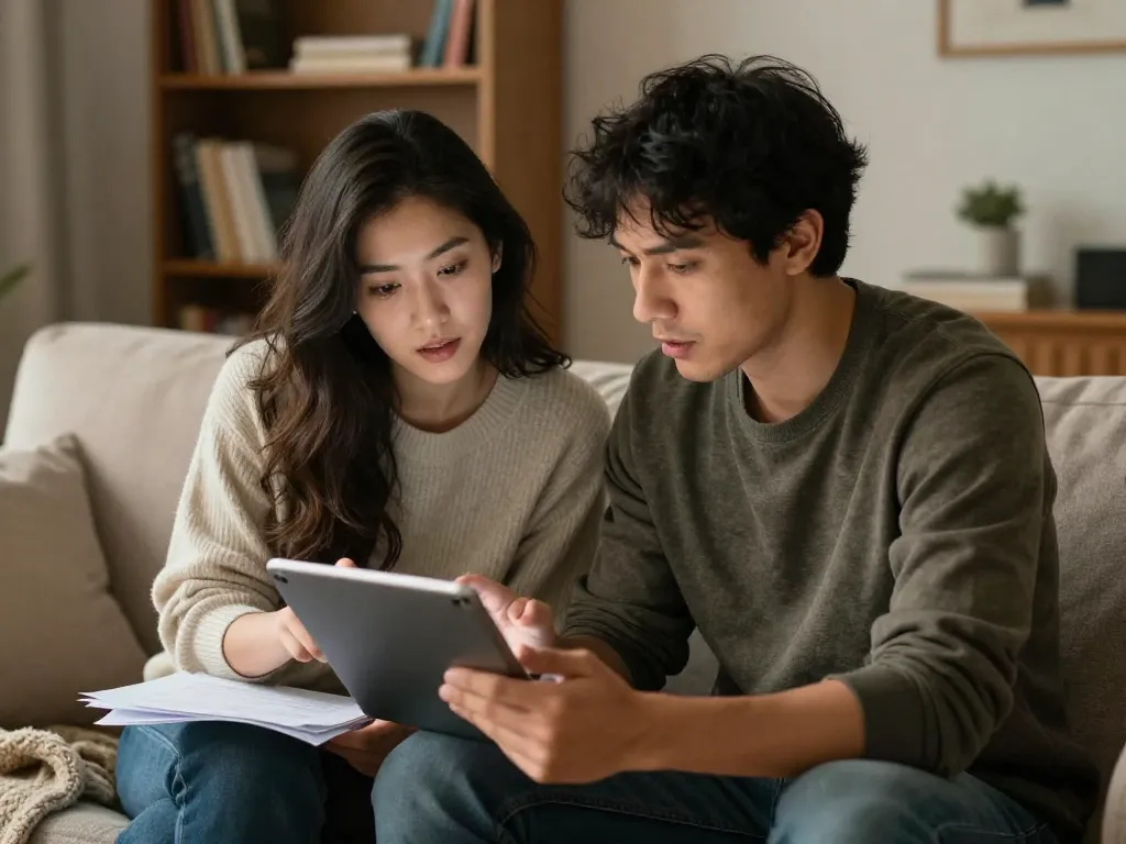 A couple having a focused financial conversation on the couch with papers and a tablet