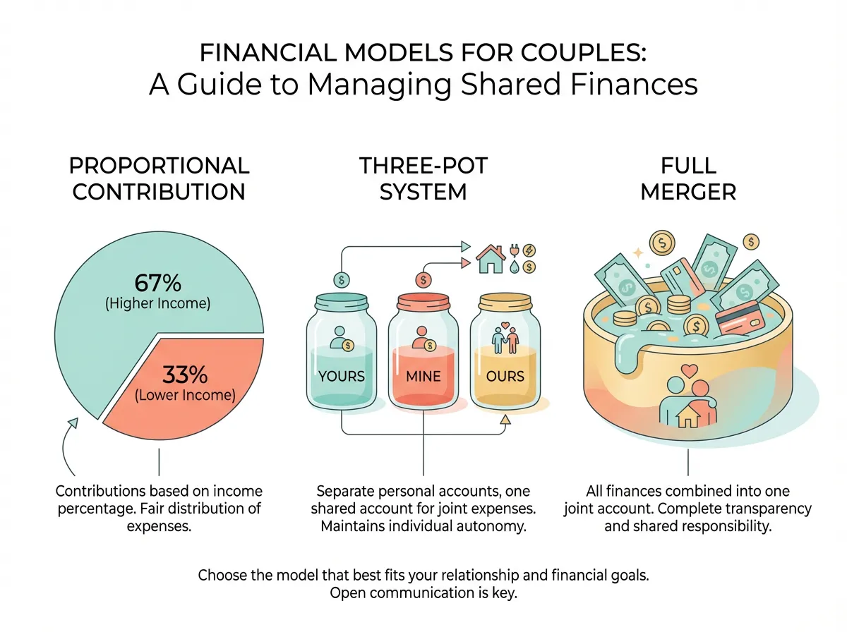 Infographic comparing three blended family money models: proportional contribution, three-pot system, and full merger
