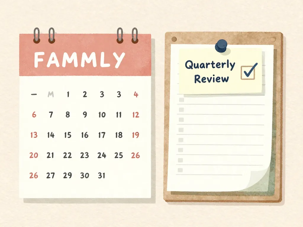 Illustration of a family calendar and budget pinboard with a quarterly review reminder sticky note