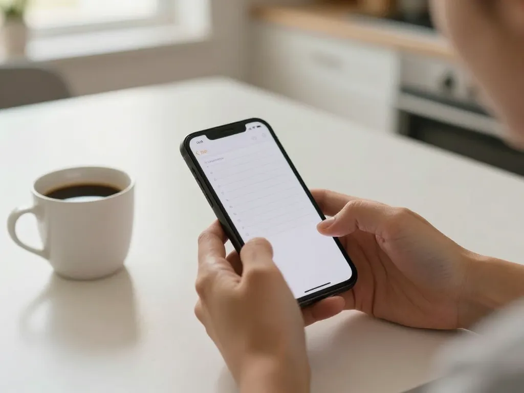 Parent's hands holding a smartphone with a notes app open, sitting at a kitchen table with morning light