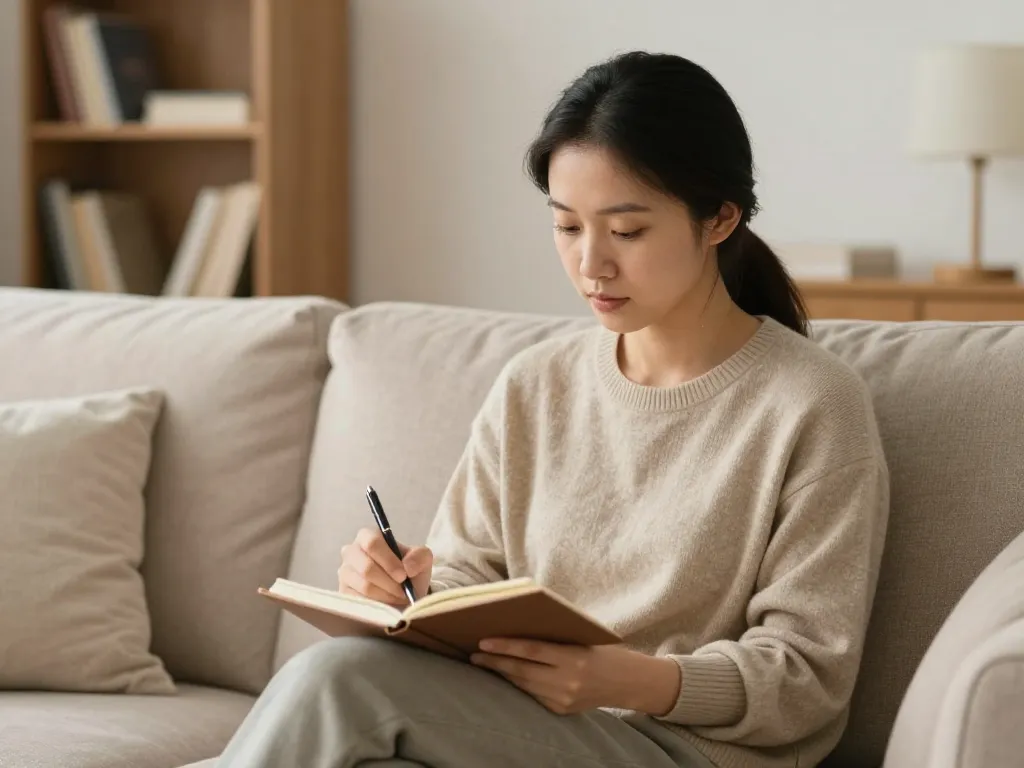 A parent sitting on a couch writing in a notebook, reflecting calmly in a warm living room