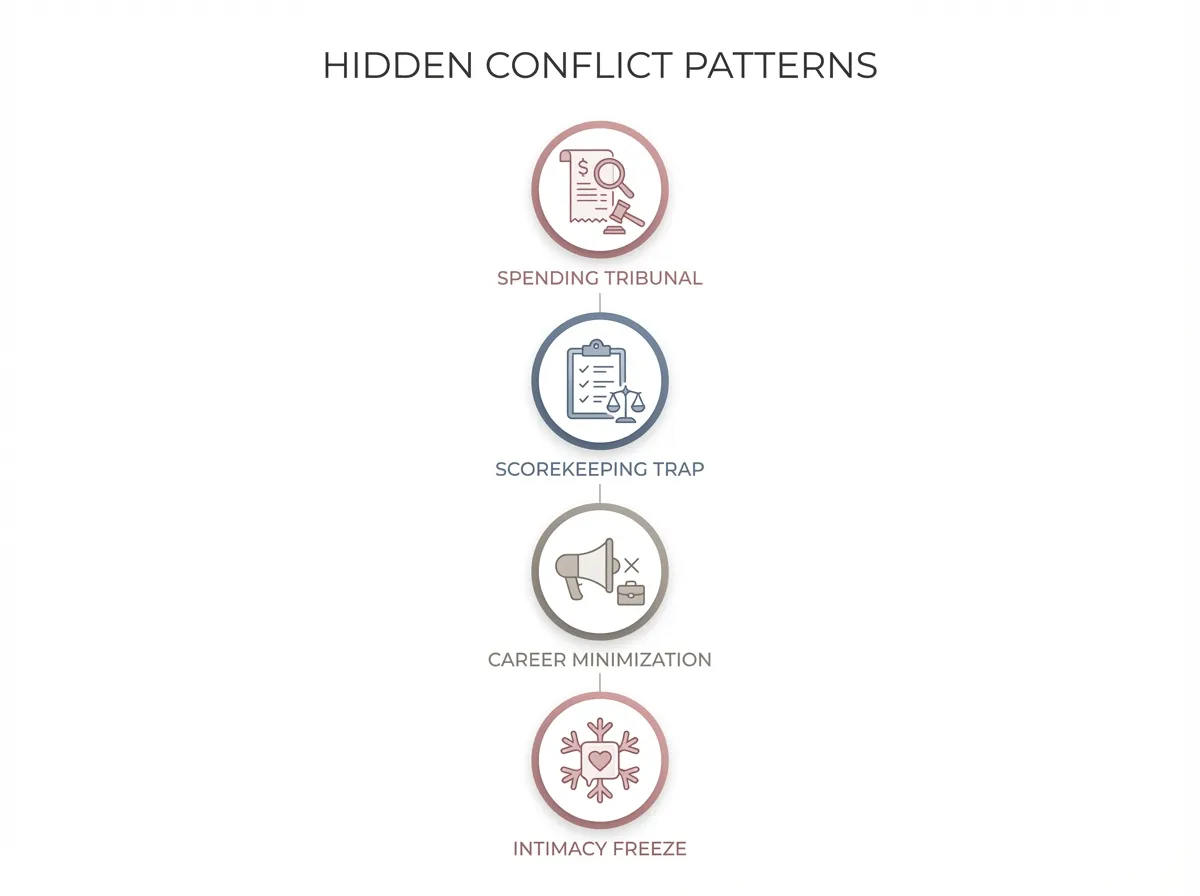 Infographic showing four hidden conflict patterns in relationships where she earns more: Spending Tribunal, Scorekeeping Trap, Career Minimization, and Intimacy Freeze