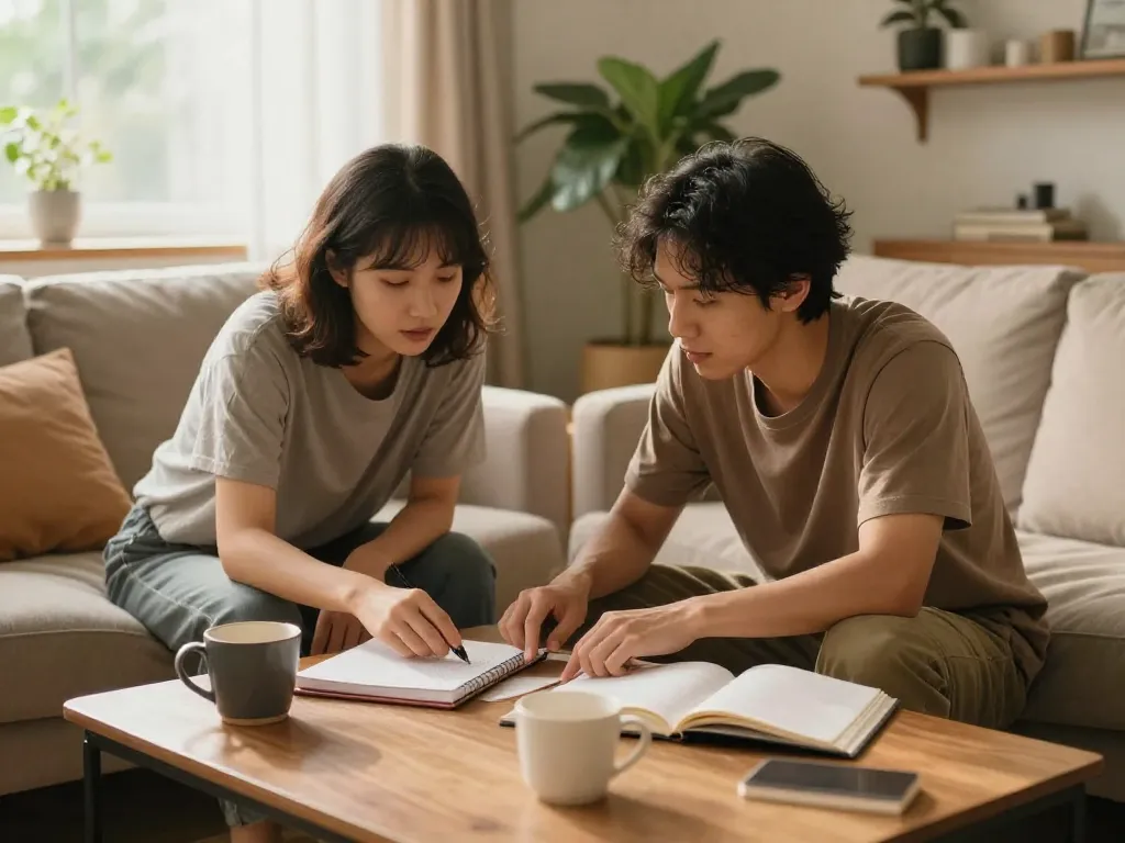 A couple working together as equal partners on household planning in a relaxed home setting