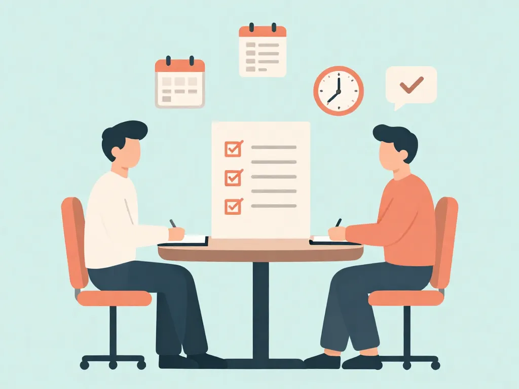 Illustration of two co-parents sitting at a table with a shared agenda and planning icons