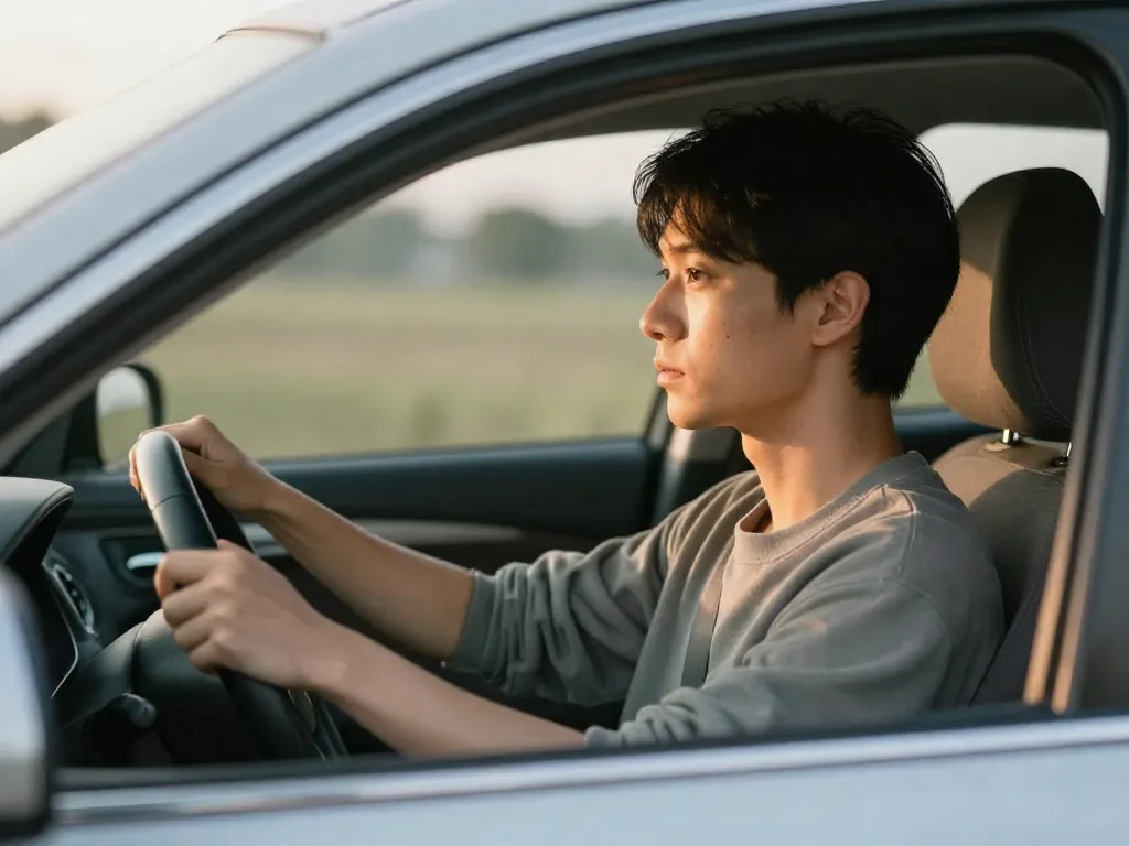 Person sitting calmly in a parked car practicing composure before a co-parenting exchange