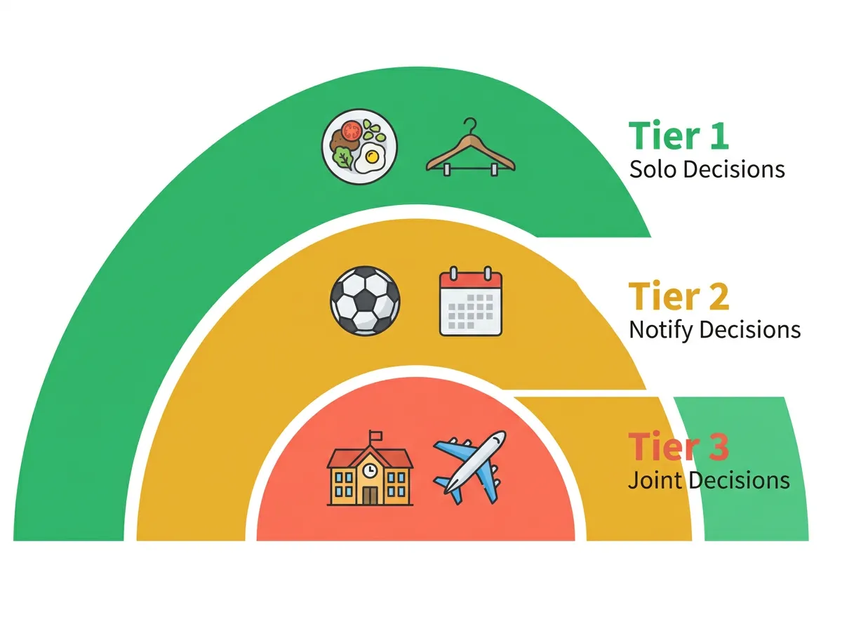 Diagram showing three tiers of co-parenting decisions: solo, notify, and joint