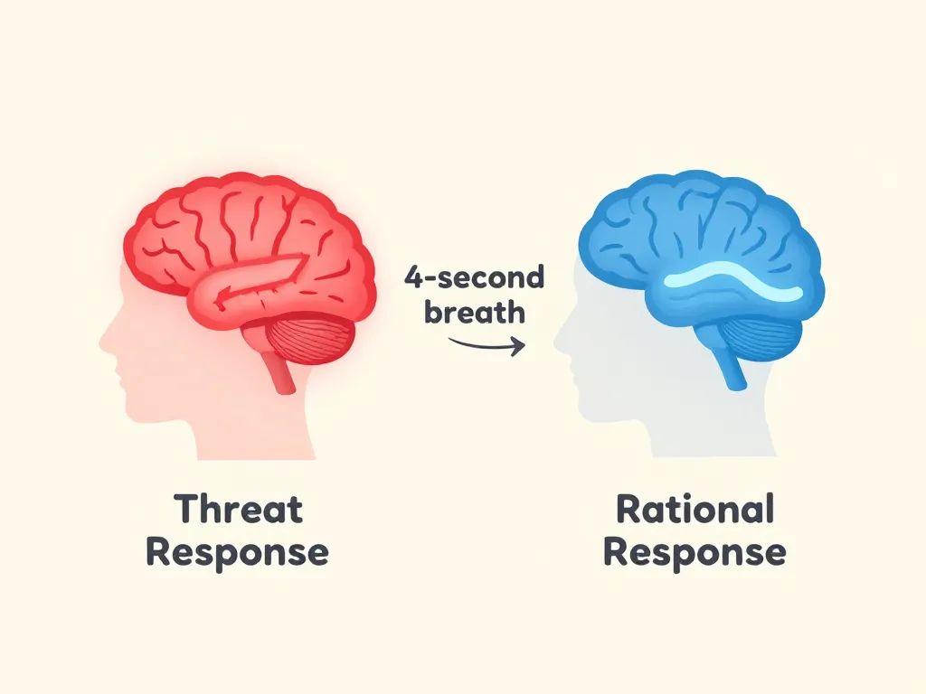Illustration showing how a deep breath shifts brain activation from the reactive amygdala to the rational prefrontal cortex