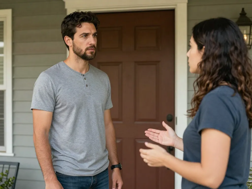 Two co-parents having a calm conversation at a front door during a child handoff, demonstrating active listening