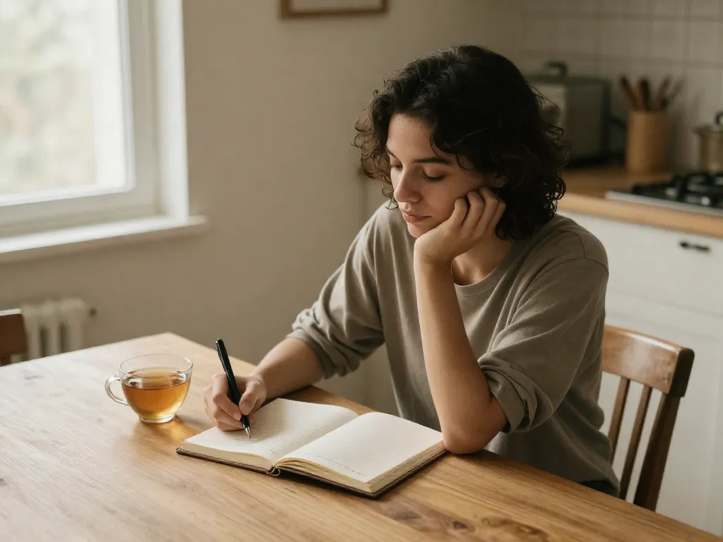 A parent journaling at a kitchen table as part of a post-exchange emotional debrief, reflecting calmly