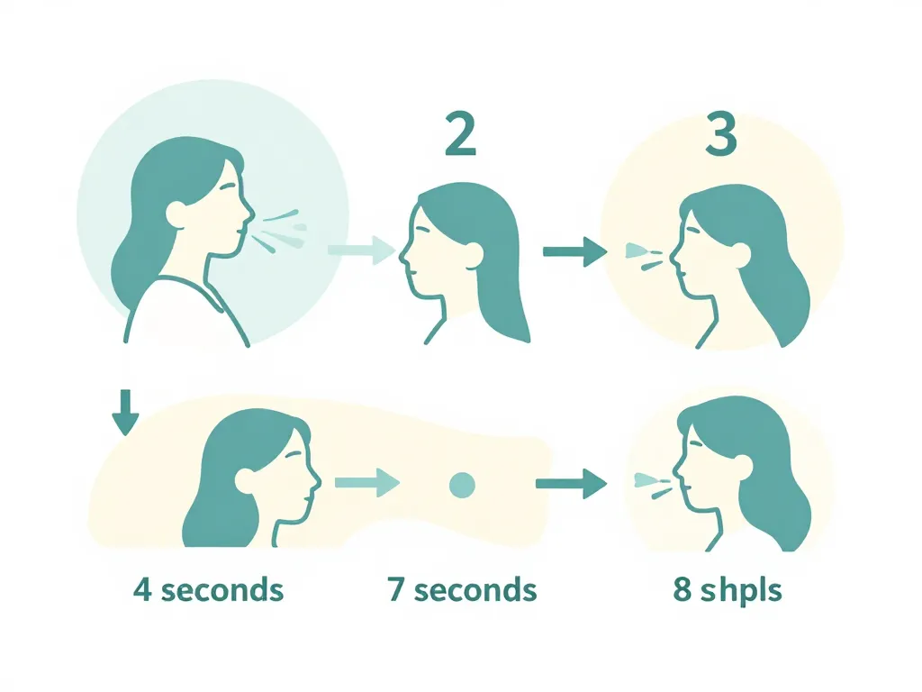 Illustrated diagram of the 4-7-8 breathing technique showing inhale for 4 seconds, hold for 7 seconds, exhale for 8 seconds