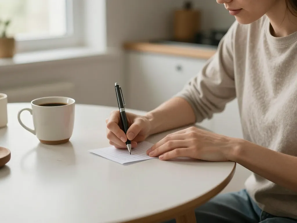 A parent writing calm response scripts on an index card at a kitchen table in soft morning light