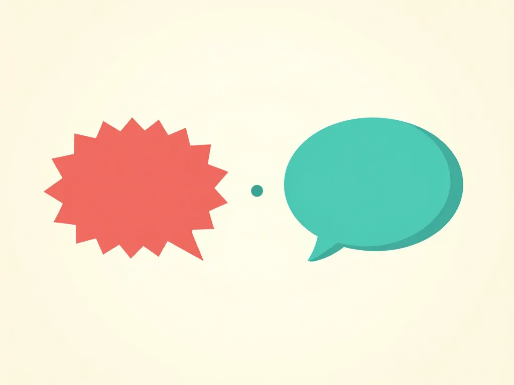 Illustration contrasting an aggressive speech bubble with a calm response speech bubble, separated by a breathing pause symbol