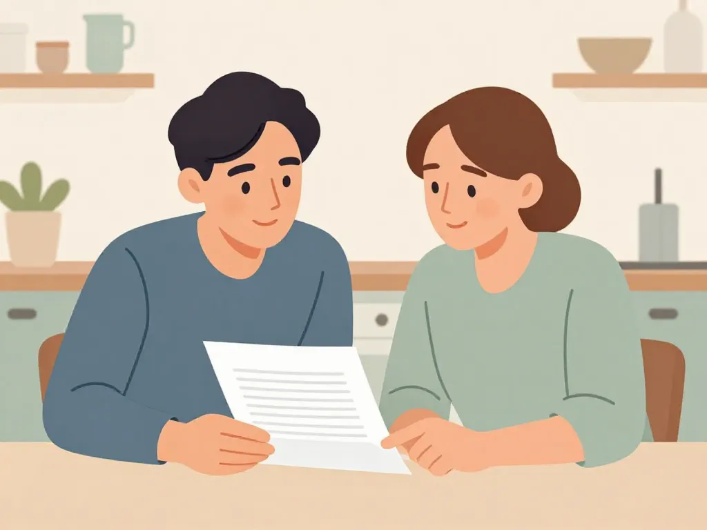 Two roommates reviewing a lease agreement together at a kitchen table