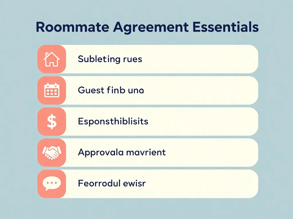 Illustrated checklist of roommate agreement essentials including subletting rules, guest limits, finances, approval process, and dispute resolution