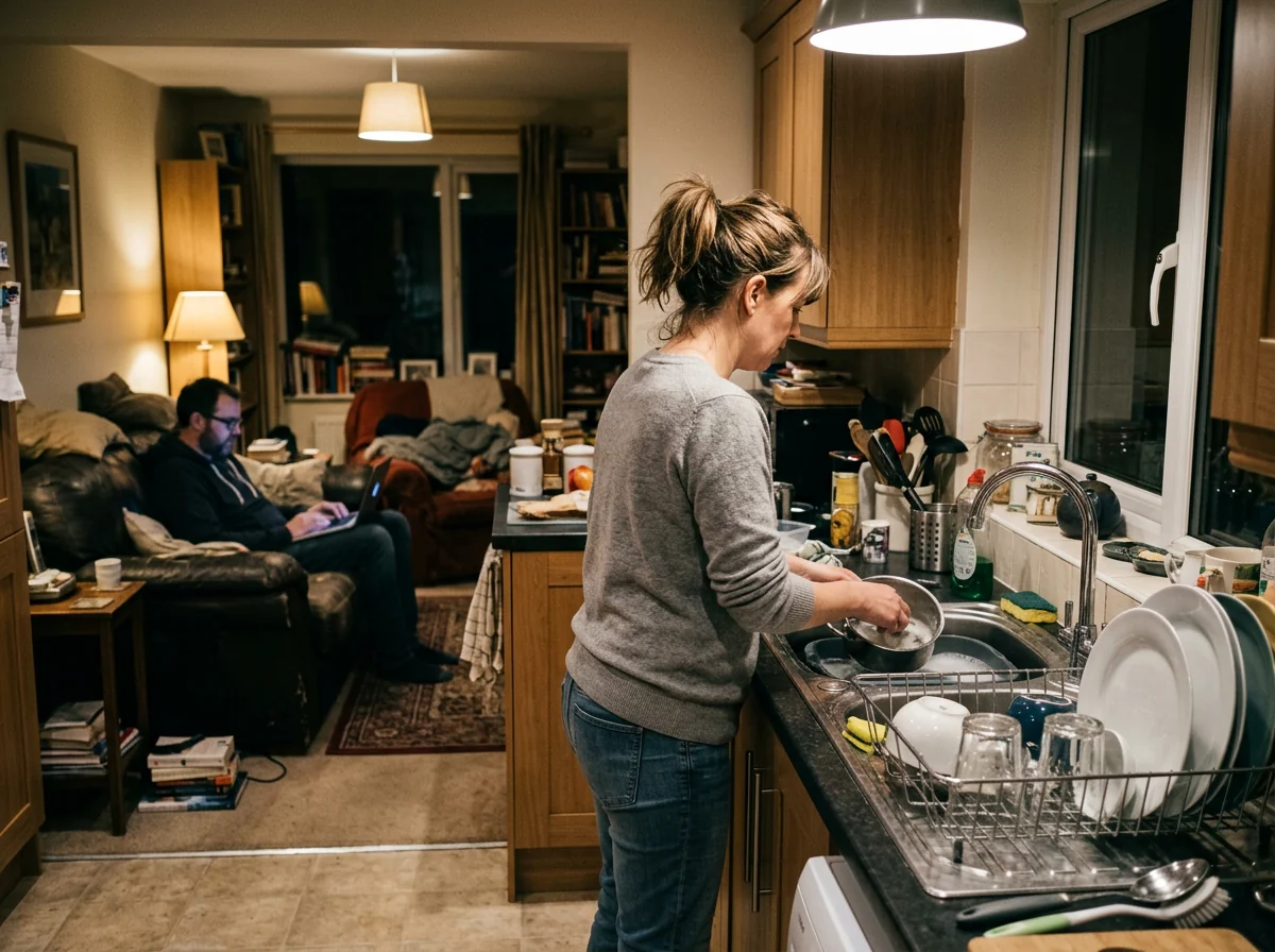 One partner at the kitchen sink with dishes while the other sits on the sofa in the background