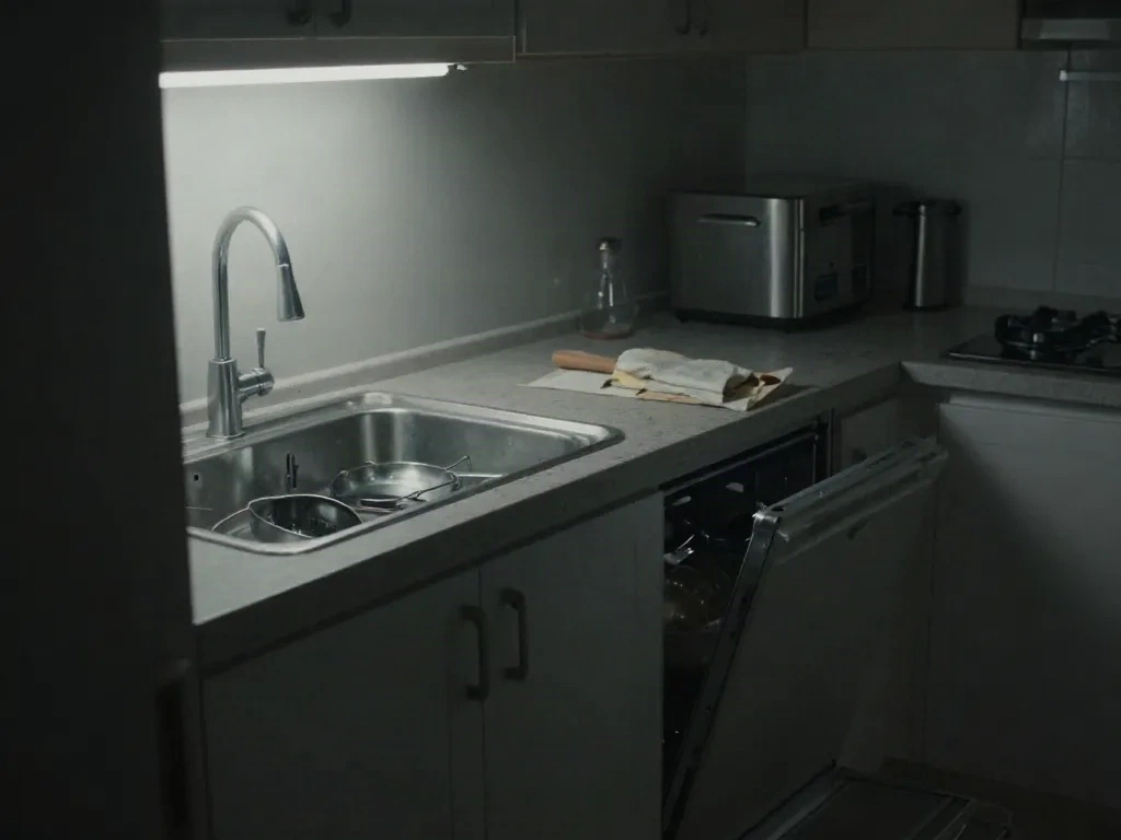 A half-cleaned kitchen at night with pans soaking in the sink and the dishwasher left open