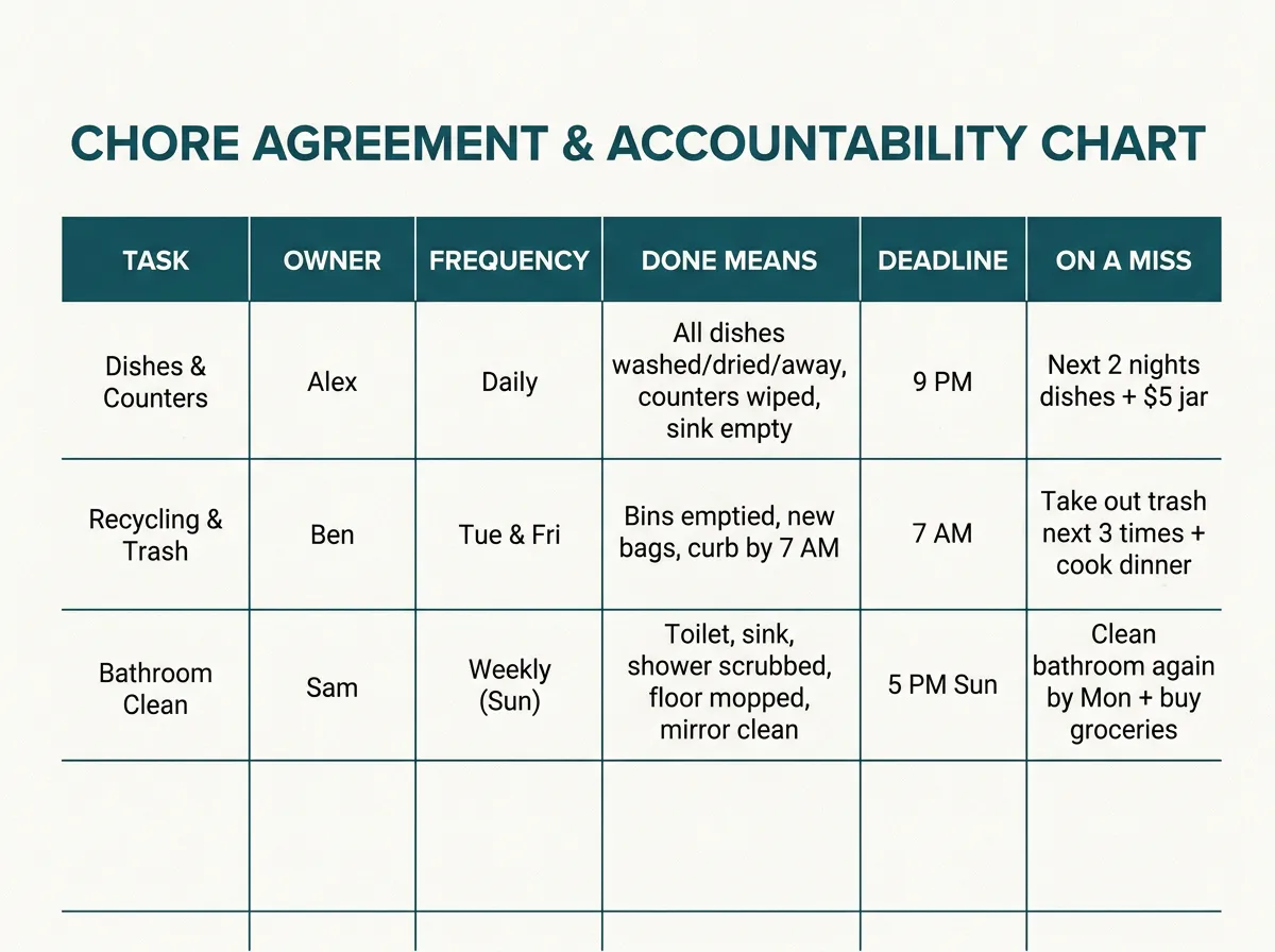 Six-column chore division agreement template showing task, owner, frequency, done means, deadline, and on a miss