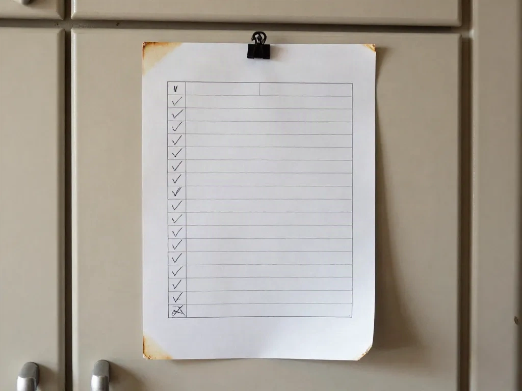 A well-used handwritten chore agreement taped inside a kitchen cupboard door with edits and checkmarks