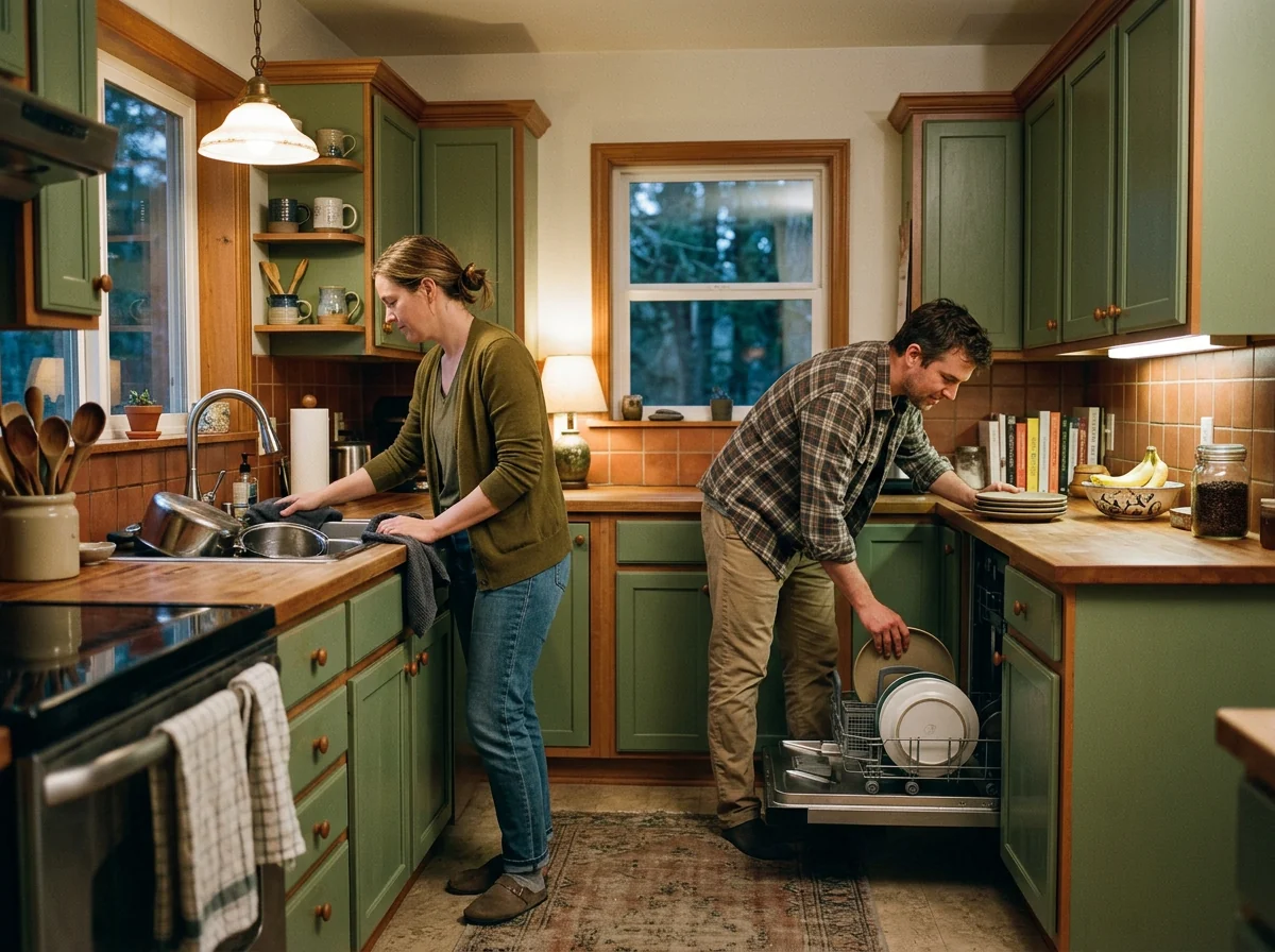 Two partners working in the kitchen at the same time, one wiping counters and one unloading the dishwasher