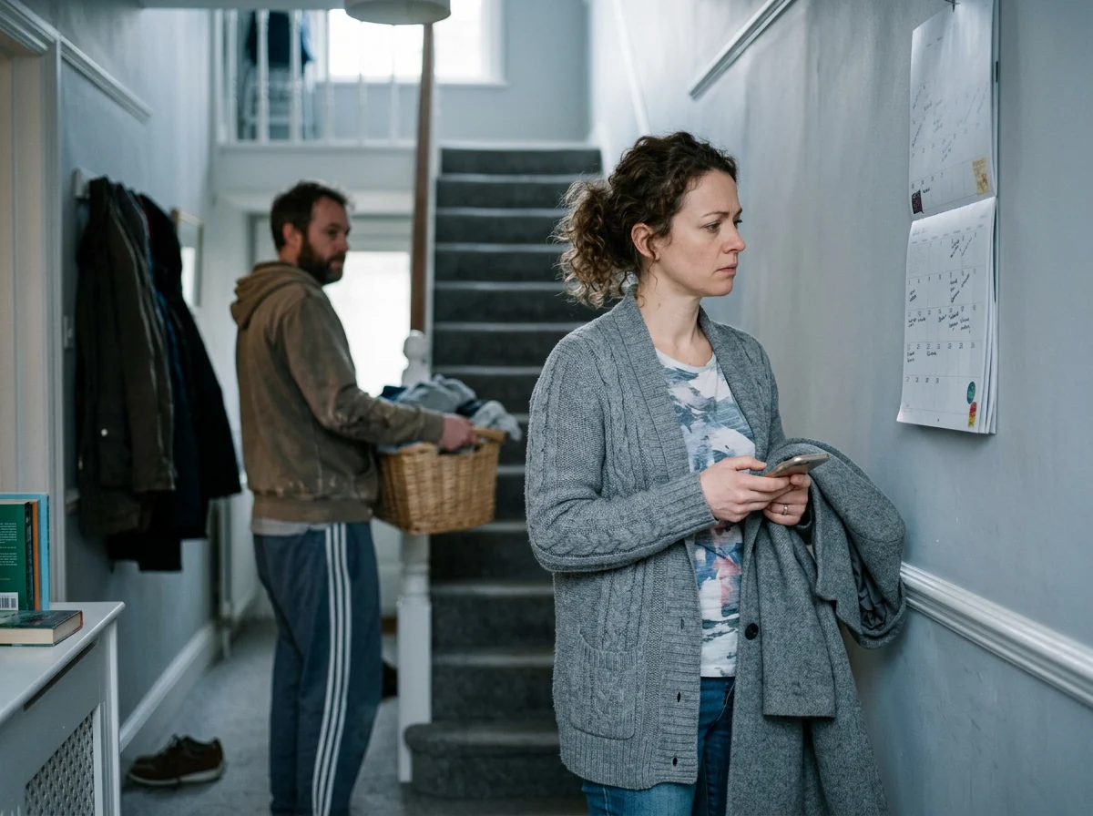 A partner pausing by a wall calendar in a busy hallway while the other carries laundry upstairs