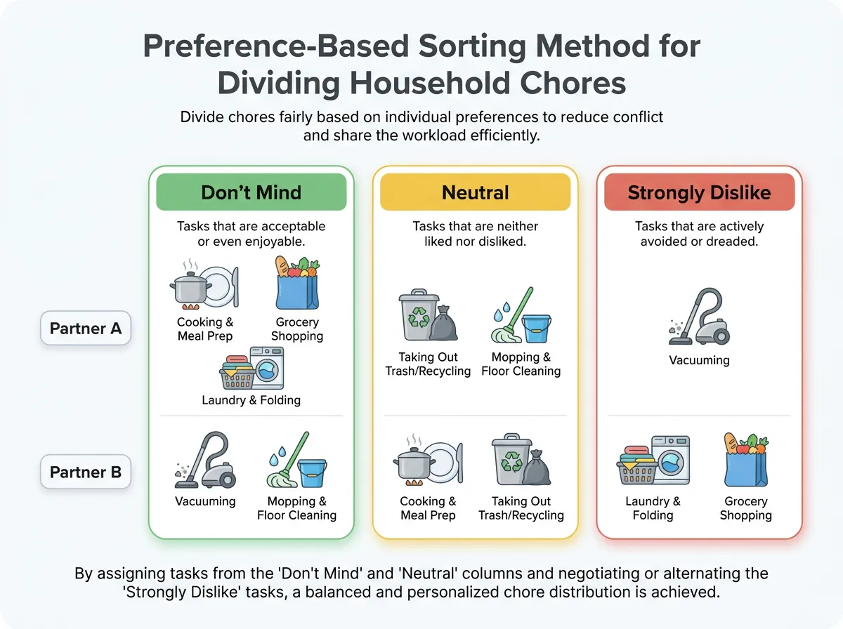 Infographic showing the preference-based sorting method for dividing household chores into don't mind, neutral, and strongly dislike categories for each partner