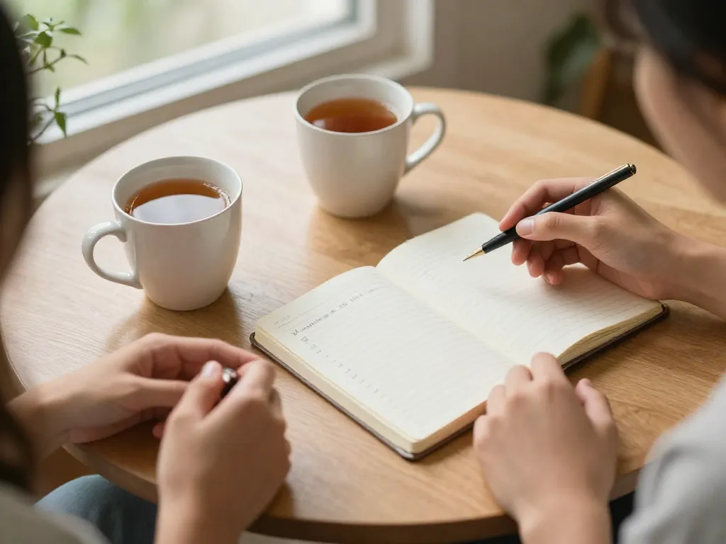 Overhead view of a couple having a relaxed weekly check-in conversation over coffee with a notebook of household tasks