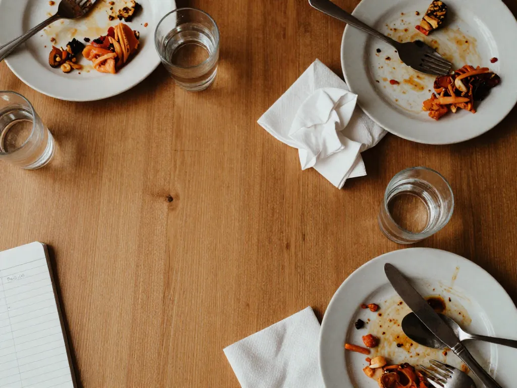 A dining table after dinner with one side cleared and the other still cluttered, symbolizing unequal household effort between partners