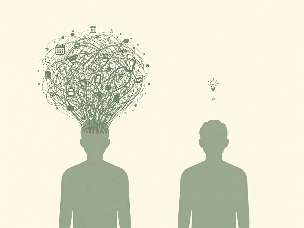 Illustration of two figures where one has a dense cloud of household task icons above their head representing the mental load, while the other has almost none