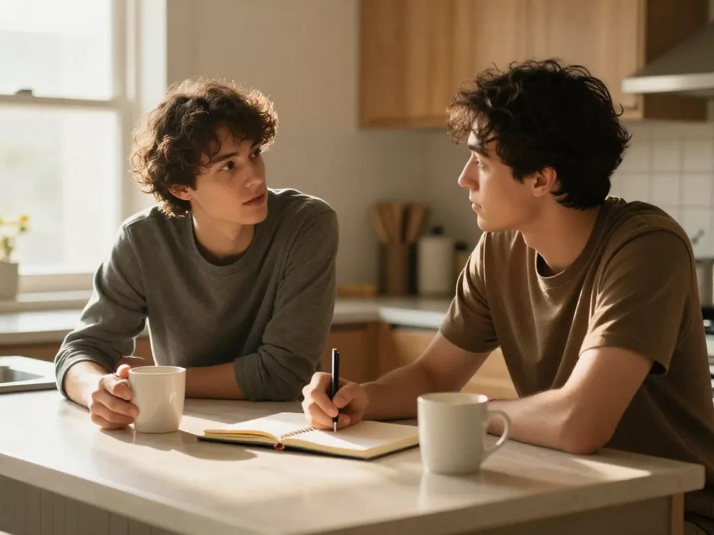 A couple sitting together at a kitchen island with a notebook, having a calm collaborative conversation about household planning