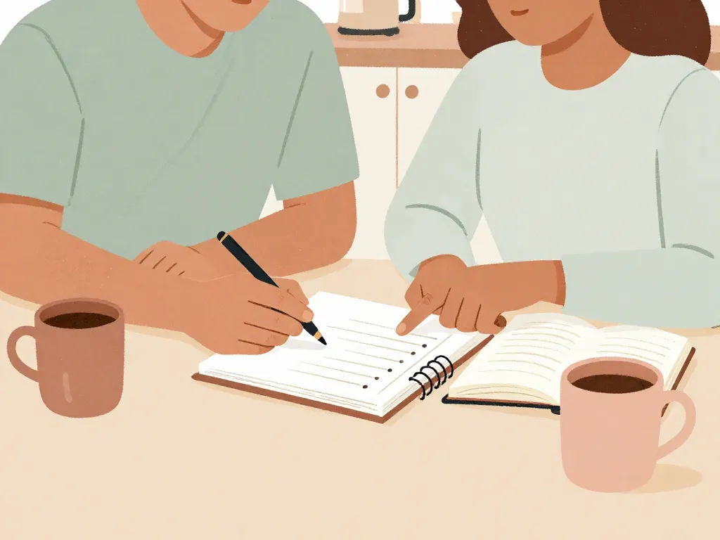 Illustration of a couple sitting together at a kitchen table writing a household task list collaboratively