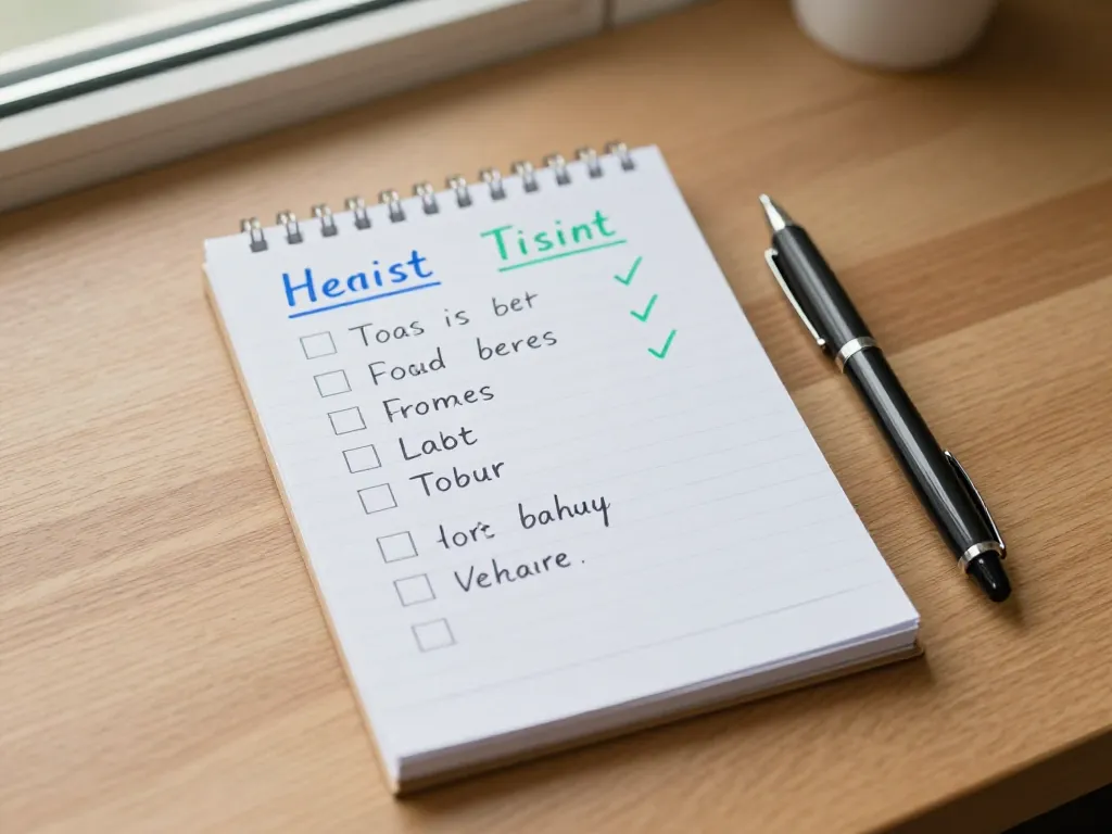Overhead photo of a handwritten household chore checklist divided into two columns on a wooden desk