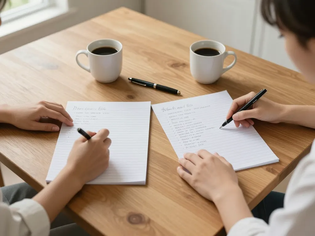 Overhead view of a couple working together on handwritten task lists at a kitchen table, representing a collaborative chore audit conversation