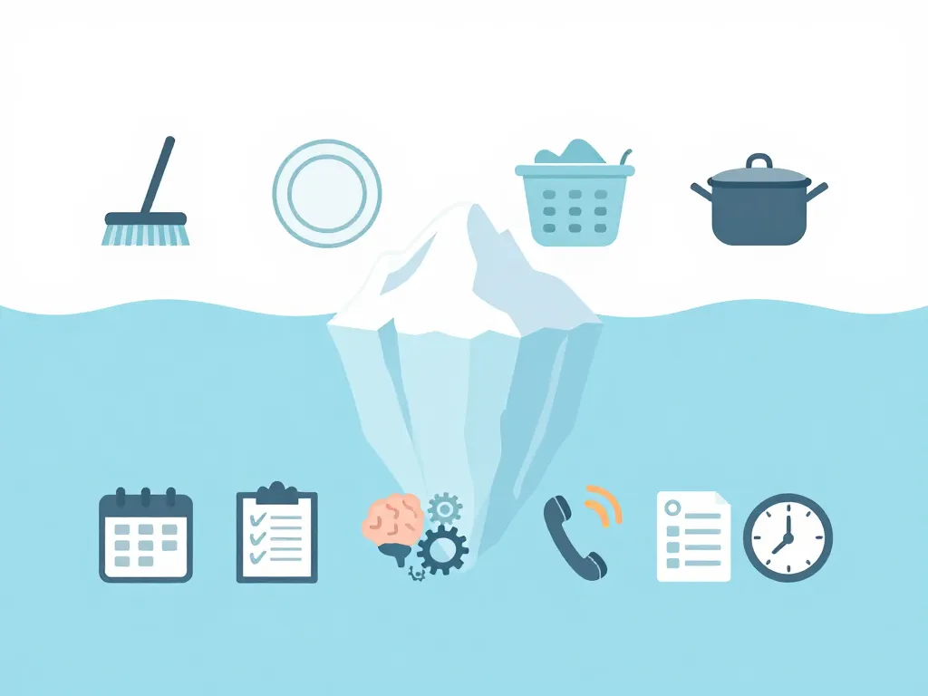 An iceberg illustration showing visible household chores above the waterline and invisible mental labor tasks below, representing the hidden mental load in relationships
