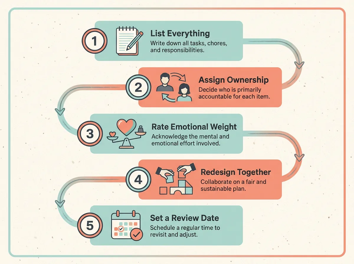 A five-step infographic showing the couples task audit process: list everything, assign ownership, rate emotional weight, redesign together, and set a review date