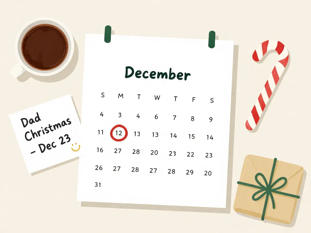 An illustrated calendar showing a creative co-parenting holiday schedule with Dad Christmas marked on December 23rd
