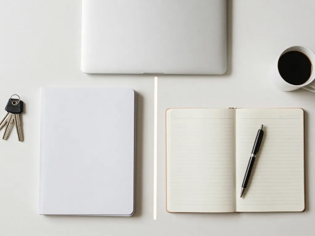 Overhead view of a desk with two workspaces being divided, representing an organized co-founder separation
