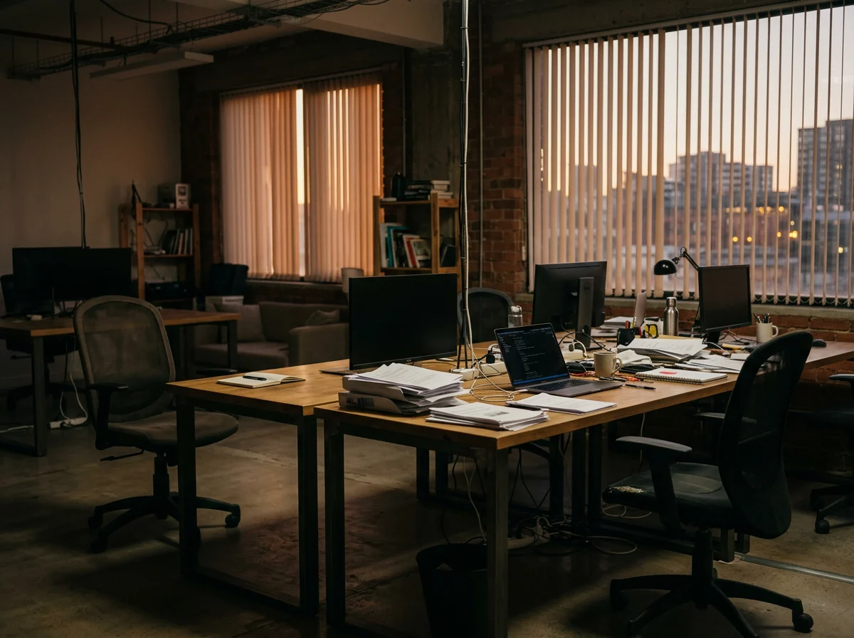 An empty office at dusk with two facing desks, one of them cleared out