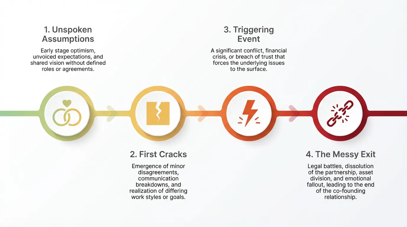 Timeline diagram showing the four phases of a co-founder breakup: Unspoken Assumptions, First Cracks, Triggering Event, and The Messy Exit
