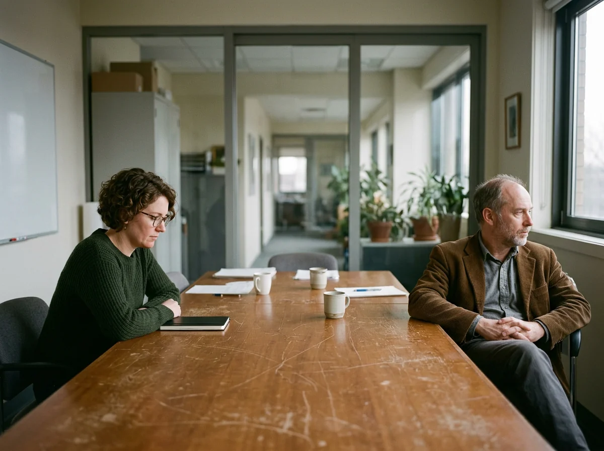 Two cofounders sitting in silence at opposite ends of a meeting room table