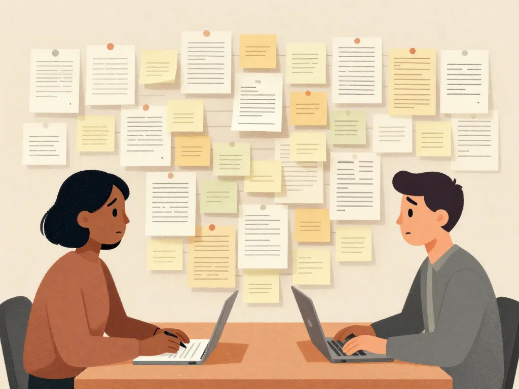 Illustration of two co-founders separated by a growing wall of unresolved documents and sticky notes representing accumulated unaddressed conflicts