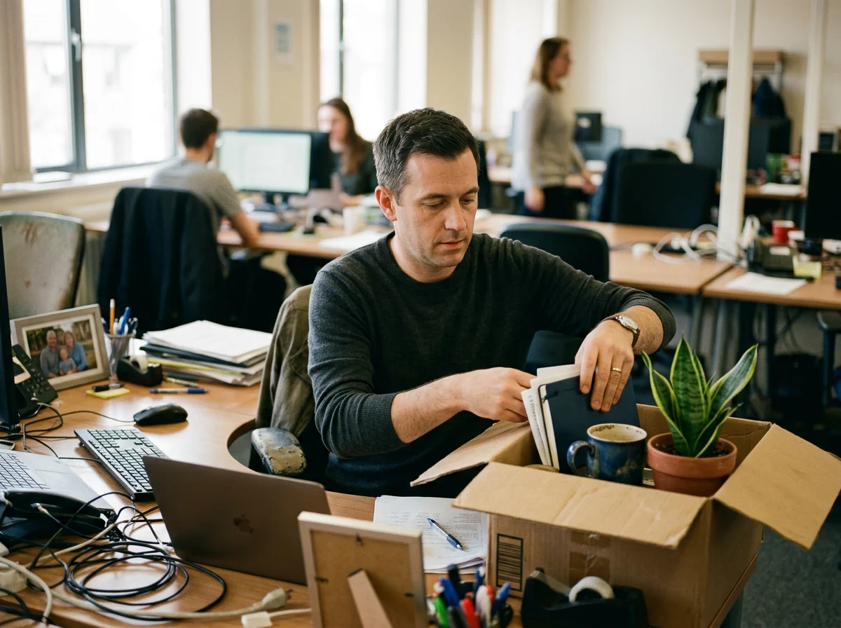 A founder packing their desk belongings into a cardboard box