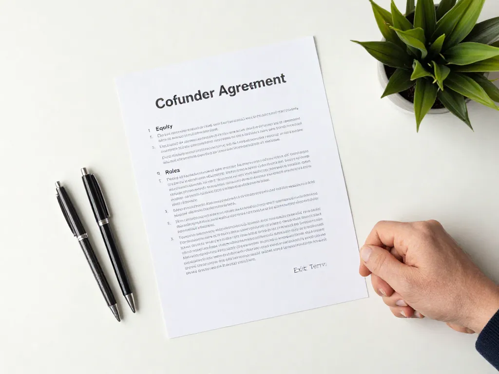 Overhead view of a co-founder agreement document on a clean desk with two pens, representing a structured and proactive approach to partnership