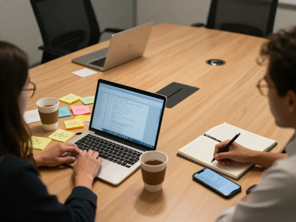 Overhead view of a shared desk showing contrasting workloads between two co-founders, one side cluttered and one side minimal