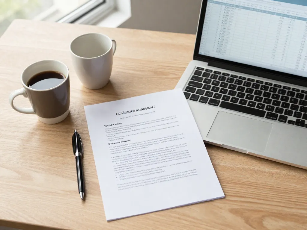 A co-founder agreement document on a desk alongside two coffee cups and a laptop showing a cap table