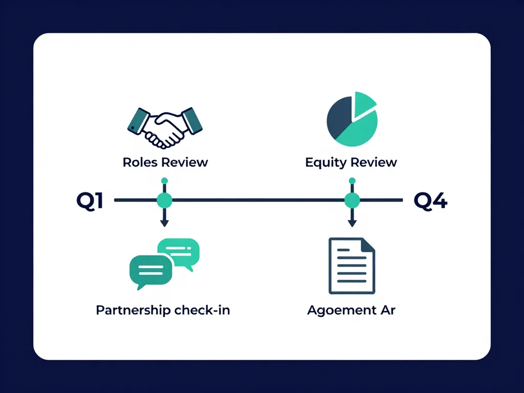 Timeline illustration showing quarterly co-founder agreement review checkpoints covering roles, equity, check-ins, and documentation